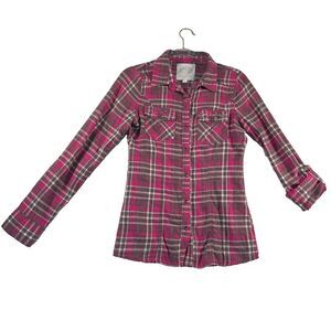 Maurices Premium Western Shirt Women's Small Pink Plaid Roll Tab Sleeve Bling